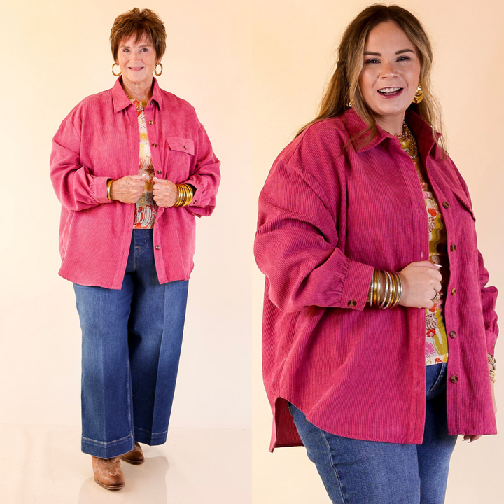 All Dolled Up Button Up Corduroy Shacket in Orchid Pink