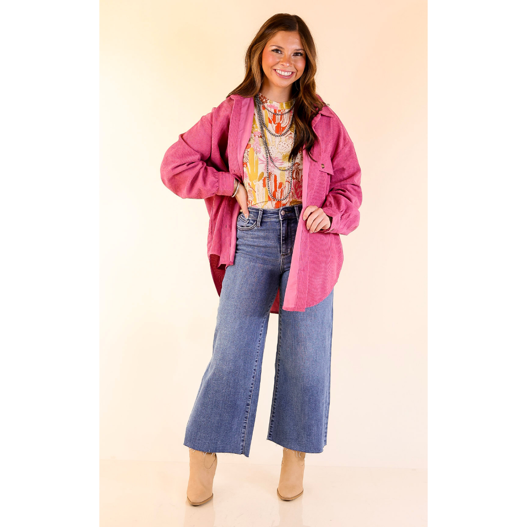 All Dolled Up Button Up Corduroy Shacket in Orchid Pink