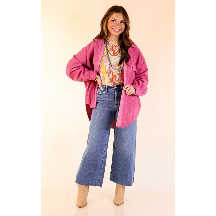 All Dolled Up Button Up Corduroy Shacket in Orchid Pink