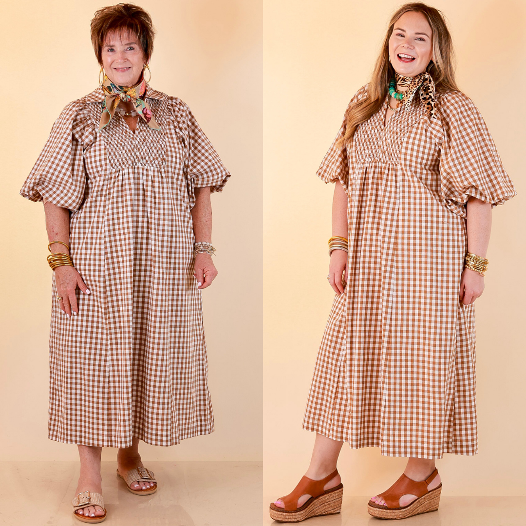 All Eyes on You Smocked Yoke Puff Sleeve Gingham Print Maxi Dress in Camel Brown and Ivory
