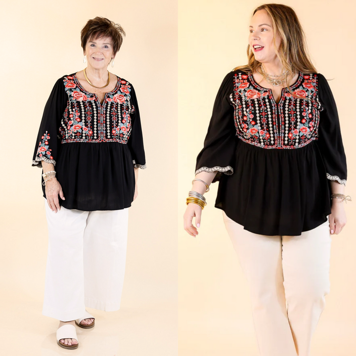 This top that features vibrant floral print embroidery. The top has 3/4 length sleeves and a v neckline. Available in sizes small through plus size. 