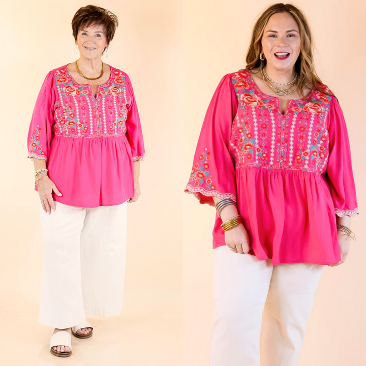 It includes 3/4 length bell sleeves with embroidery around the ends, a notched neckline, a babydoll fit, and embroidery on the upper half of the top. 