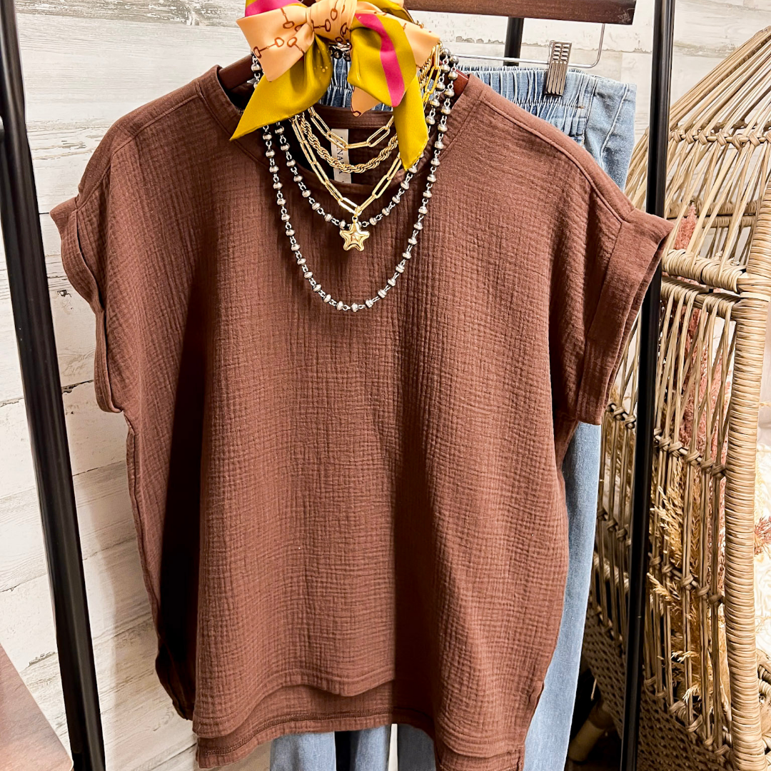 Always Appropriate Short Sleeve Linen Top with Rolled Sleeve Detail in Chocolate Brown
