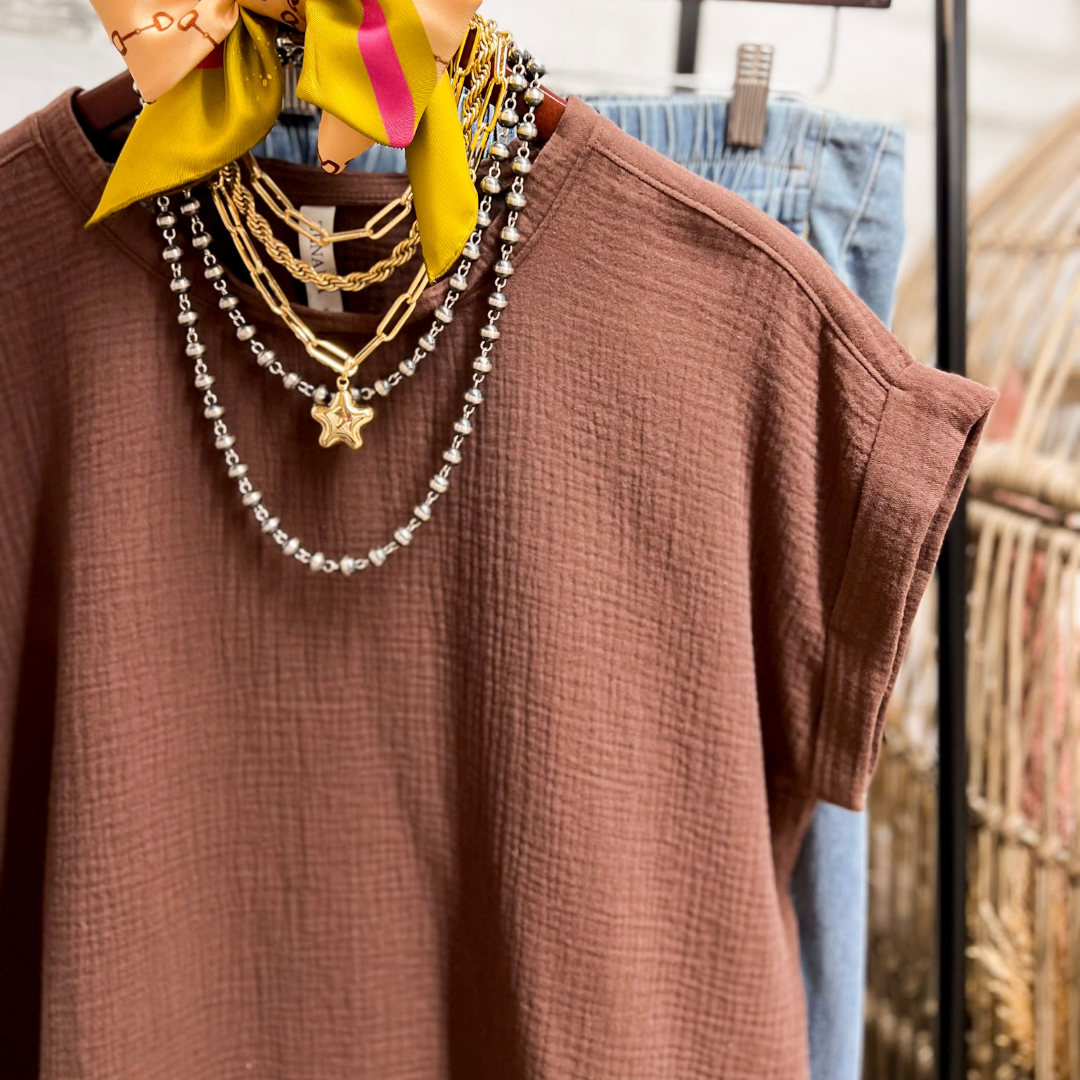 Always Appropriate Short Sleeve Linen Top with Rolled Sleeve Detail in Chocolate Brown