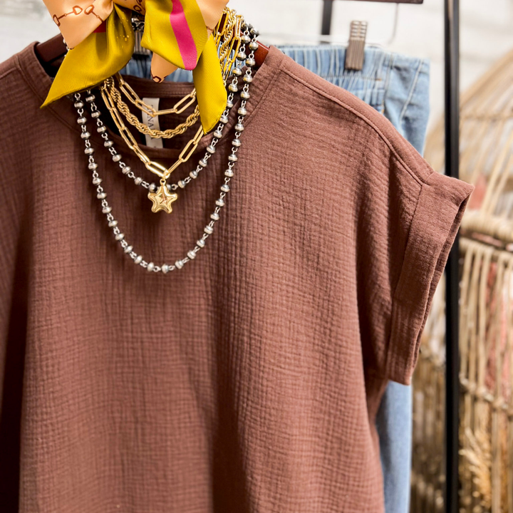 Always Appropriate Short Sleeve Linen Top with Rolled Sleeve Detail in Chocolate Brown