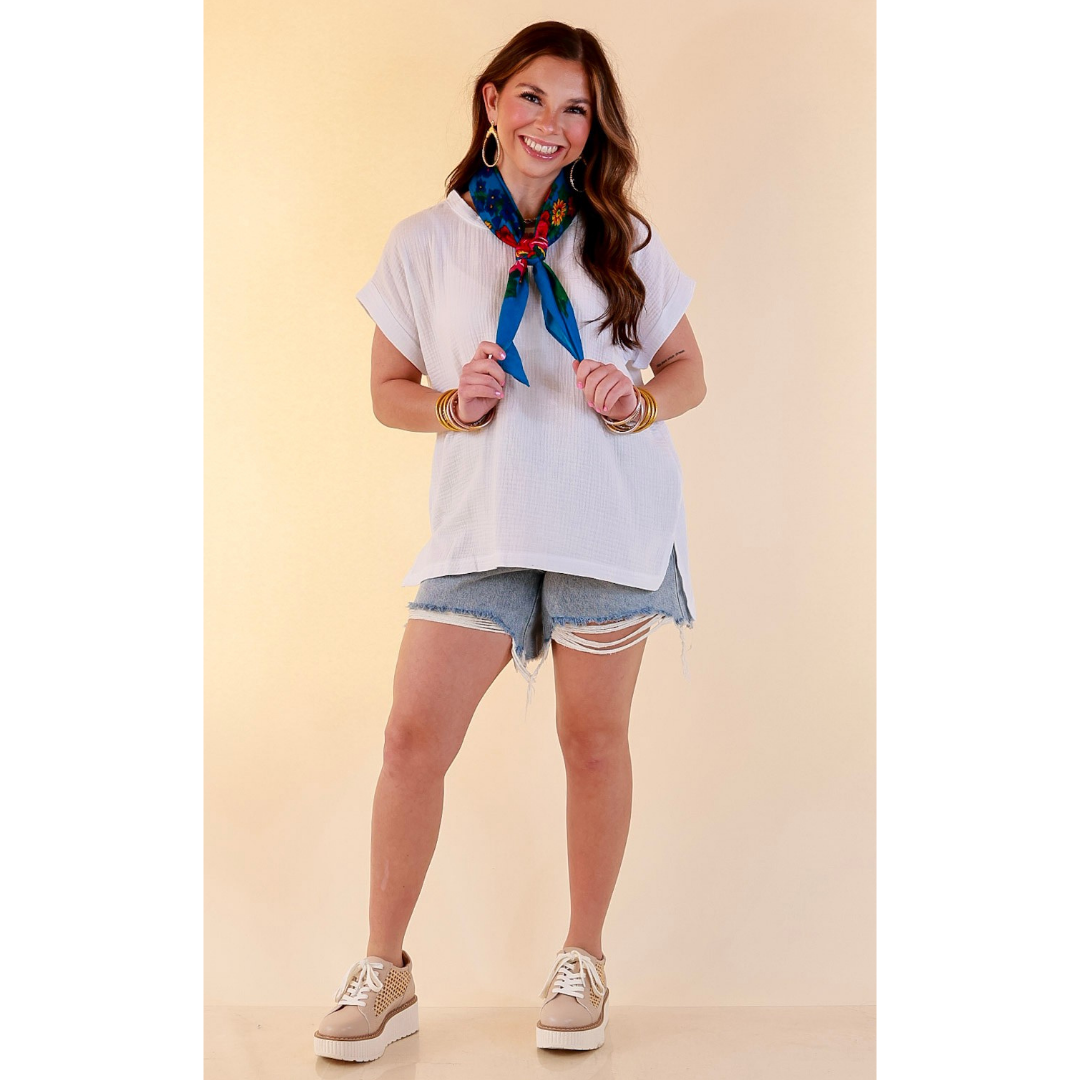 Always Appropriate Short Sleeve Linen Top with Rolled Sleeve Detail in White