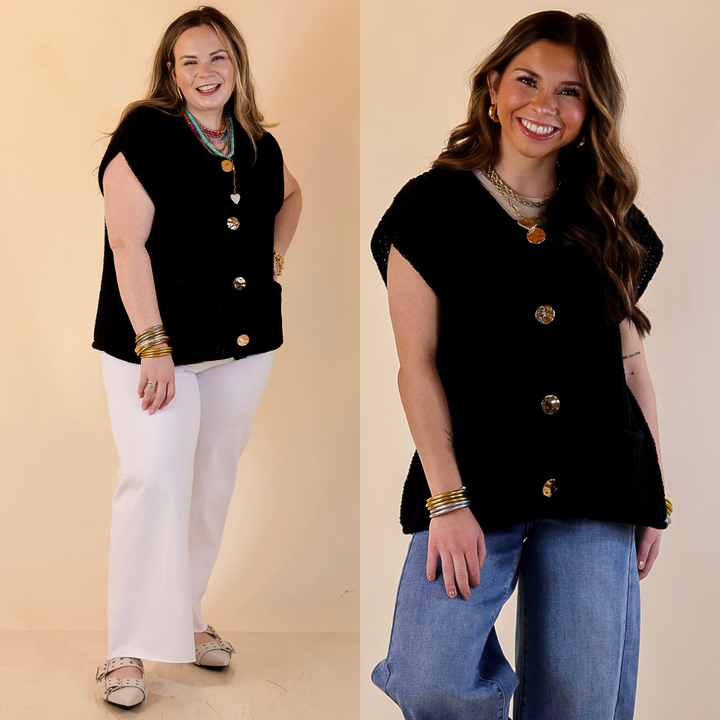 Two images of a woman wearing a black knitted vest against a beige background.