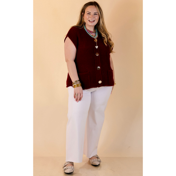Always Effortless Oversized Button Down Large Knit Sweater Vest in Maroon