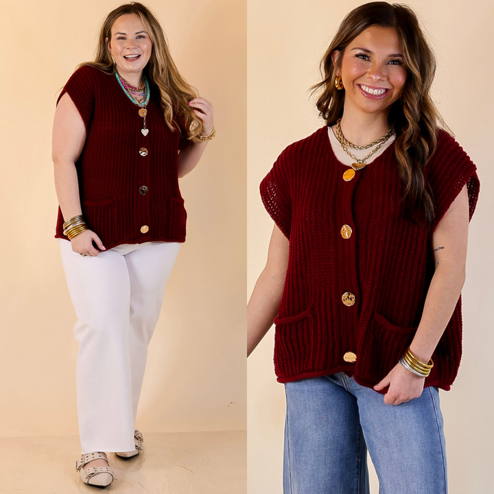 Two images of a woman wearing a maroon knitted vest against a beige background.