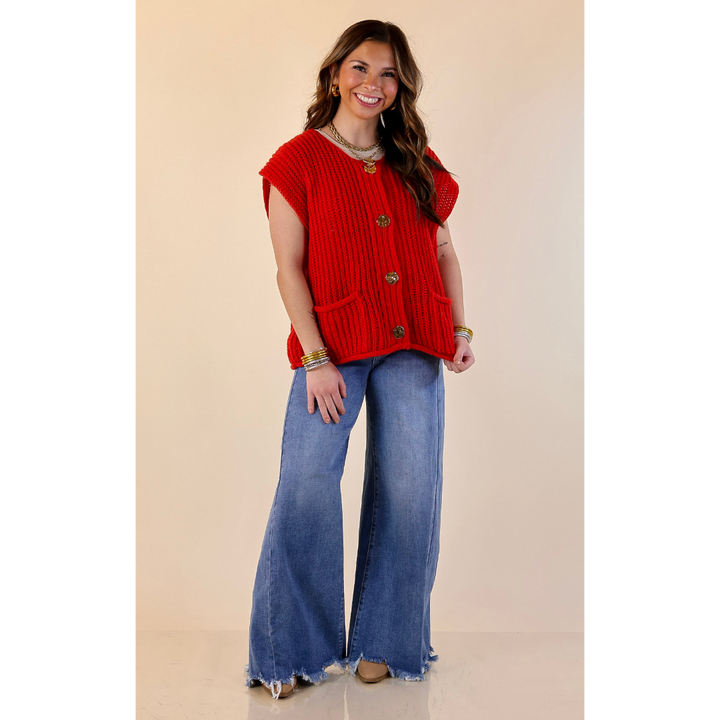 Always Effortless Oversized Button Down Large Knit Sweater Vest in Red