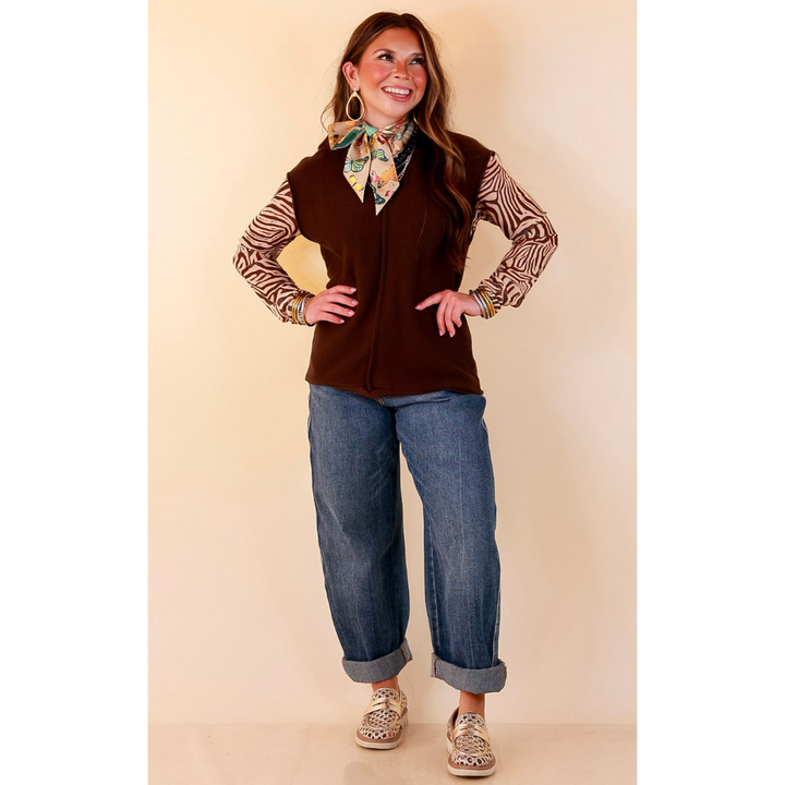 Always a Favorite Crew Neck Front Seam Sweater Knit Top in Chocolate Brown
