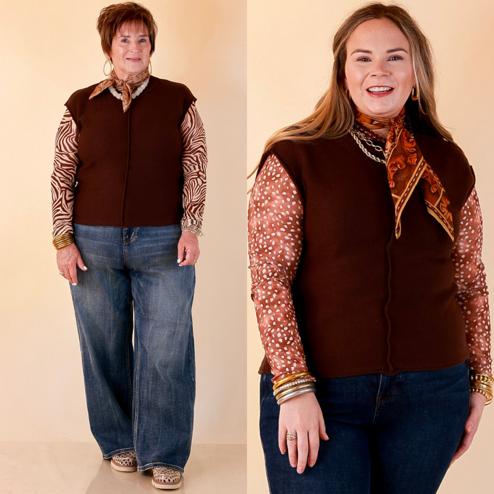 Always a Favorite Crew Neck Front Seam Sweater Knit Top in Chocolate Brown