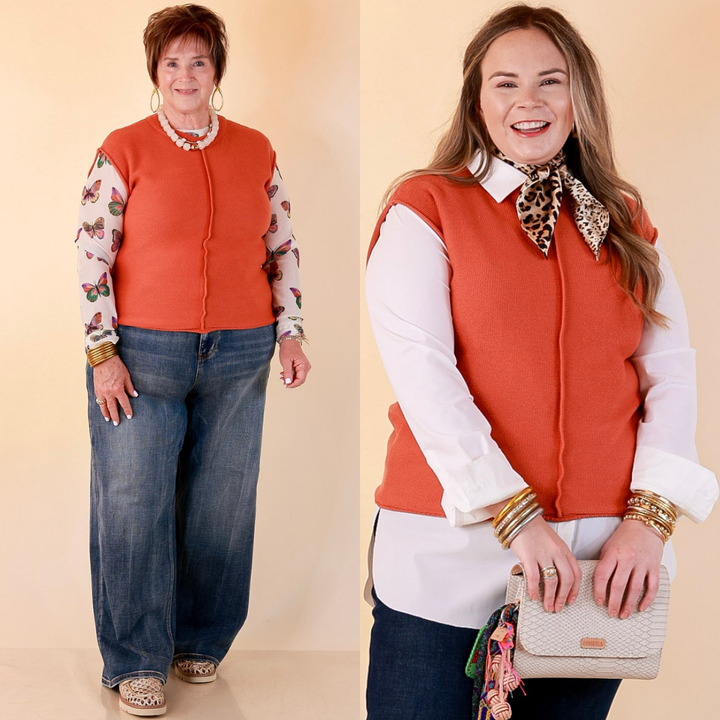 Always a Favorite Crew Neck Front Seam Sweater Knit Top in Rust Orange