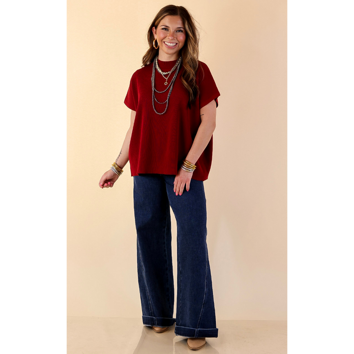 Always in Style Short Sleeve Mock Neck Top in Maroon