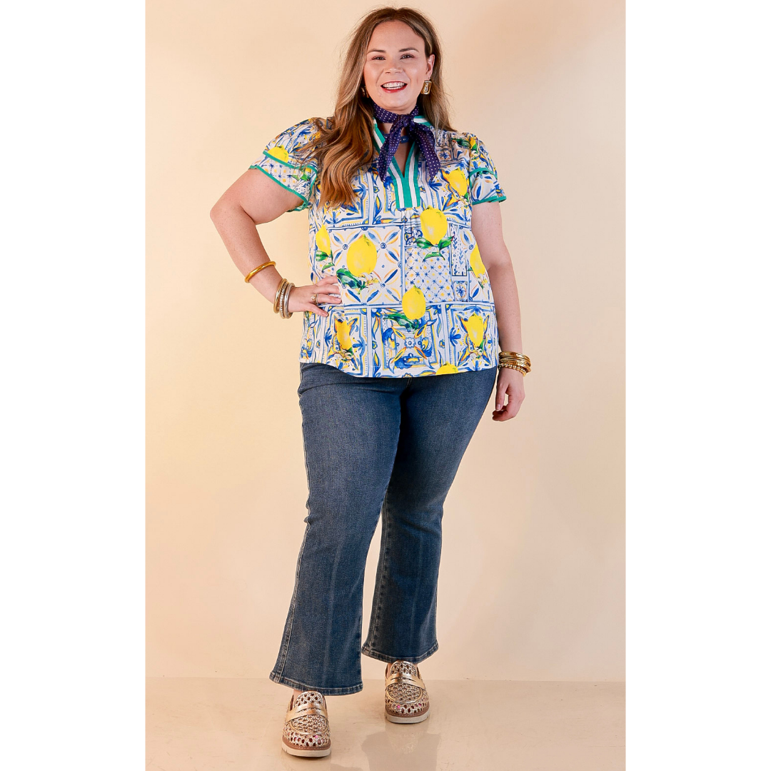 Amalfi Afternoon Lemon Tile Print Flutter Sleeve Split Neck Top in Ivory, Blue and Yellow