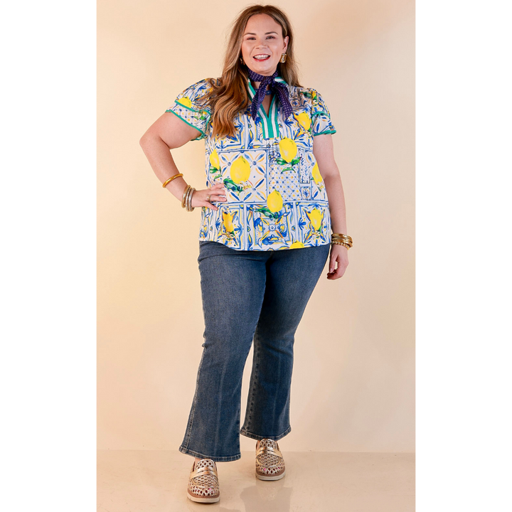 Amalfi Afternoon Lemon Tile Print Flutter Sleeve Split Neck Top in Ivory, Blue and Yellow