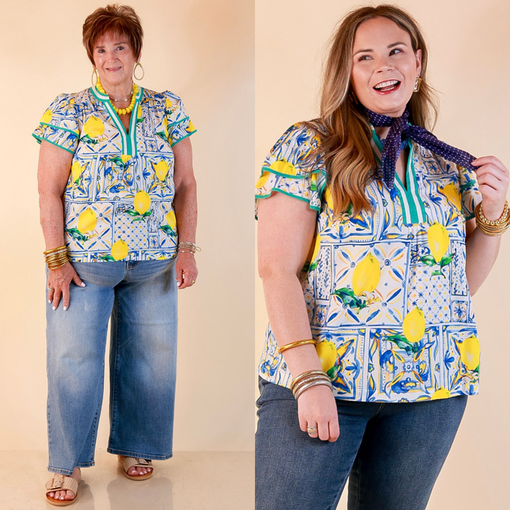 Amalfi Afternoon Lemon Tile Print Flutter Sleeve Split Neck Top in Ivory, Blue and Yellow