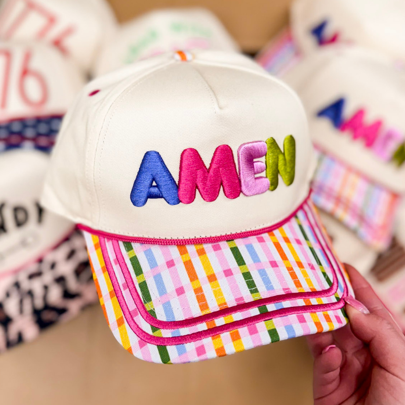 Amen Foam Trucker Hat with Plaid Checkered Bill in Tan
