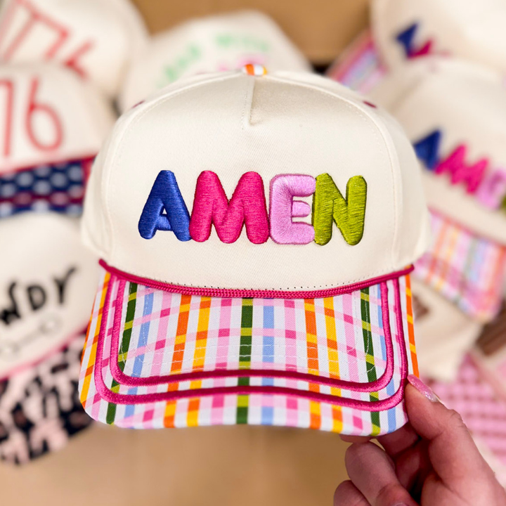 Amen Foam Trucker Hat with Plaid Checkered Bill in Tan