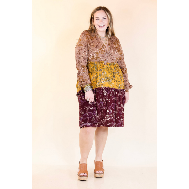 Among the Flowers Floral Ruffle Tier Long Sleeve Dress in Taupe, Mustard, and Burgundy