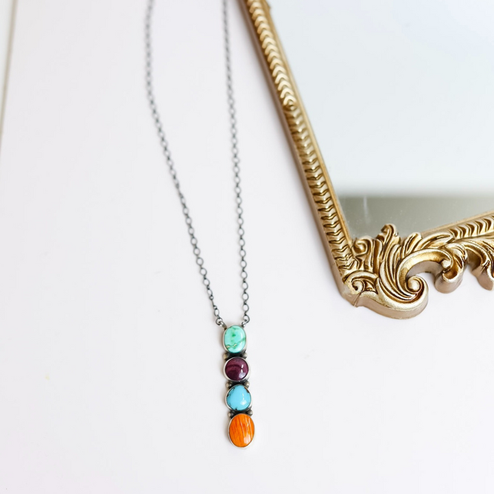 Antionete Largo | Navajo Handmade Sterling Silver Multi Stone Necklace with Turquoise and Spiney