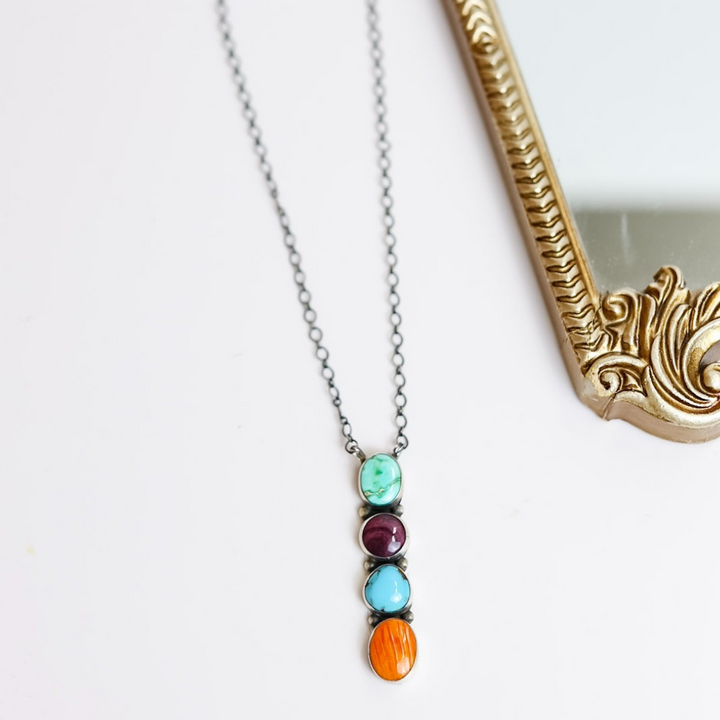 Antionete Largo | Navajo Handmade Sterling Silver Multi Stone Necklace with Turquoise and Spiney