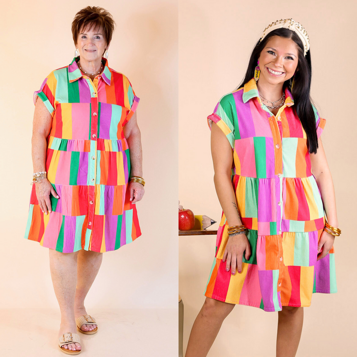 Appreciate You Color Block Corduroy Button Up Dress in Multi