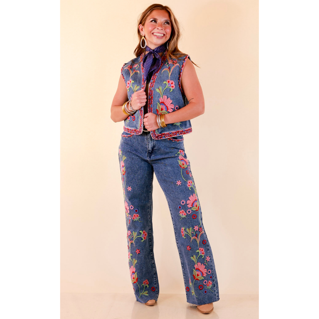 Artfully Yours Colorful Embroidered Denim Vest in Medium Wash