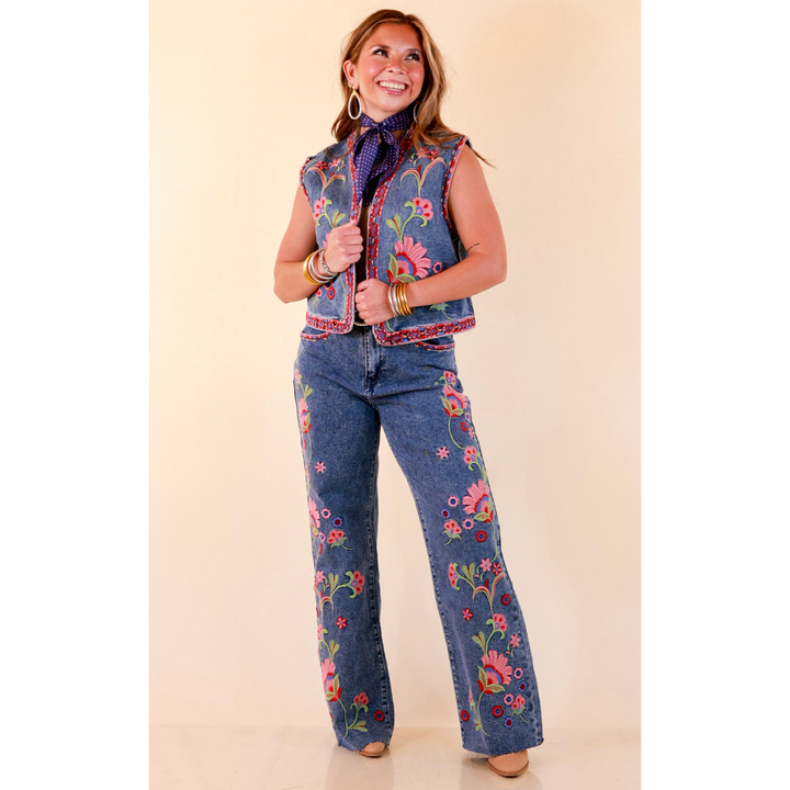 Artfully Yours Colorful Embroidered Denim Vest in Medium Wash