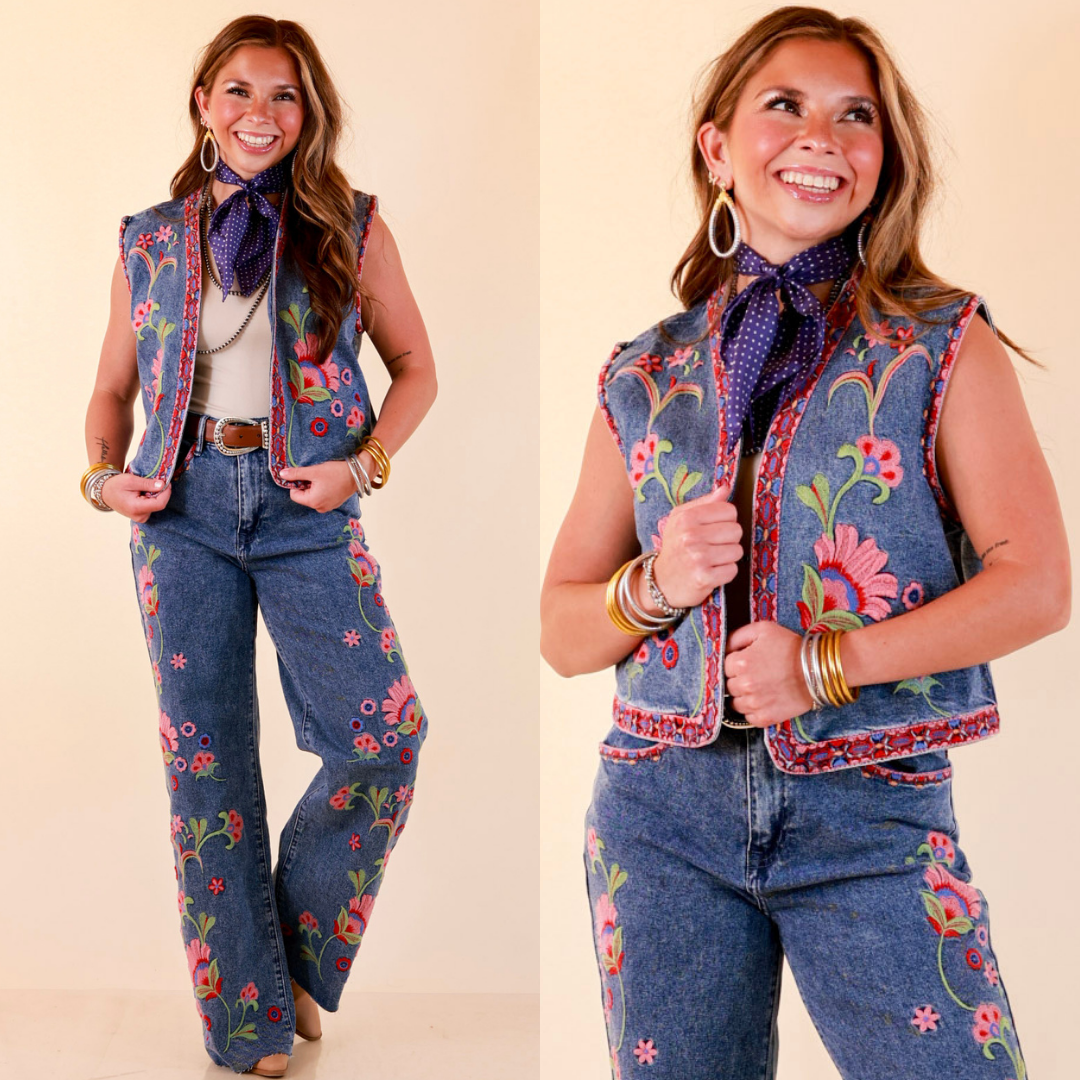 Artfully Yours Colorful Embroidered Denim Vest in Medium Wash