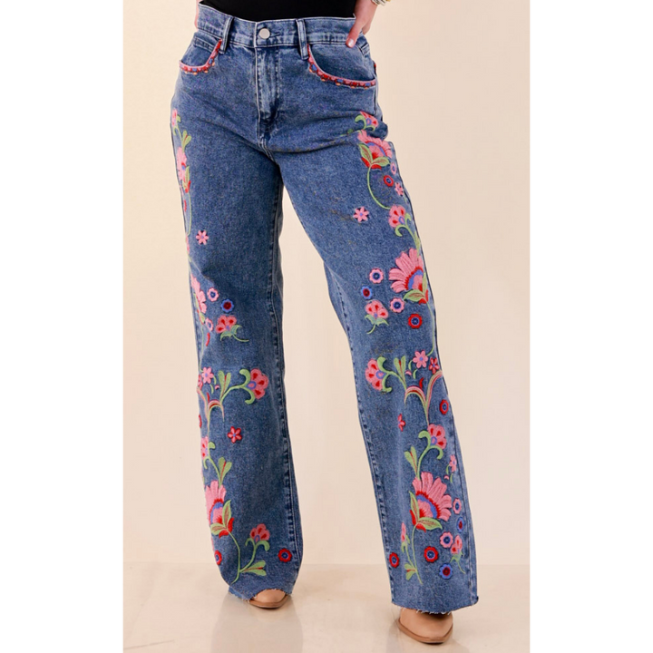 Artfully Yours Straight Leg Raw Hem Embroidered Denim Jeans in Medium Wash