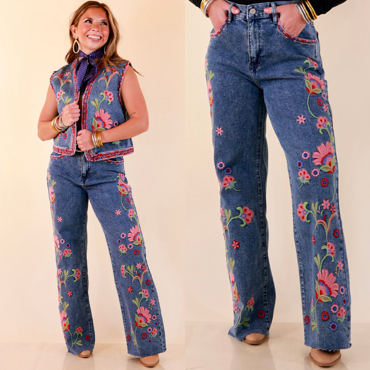 Artfully Yours Straight Leg Raw Hem Embroidered Denim Jeans in Medium Wash