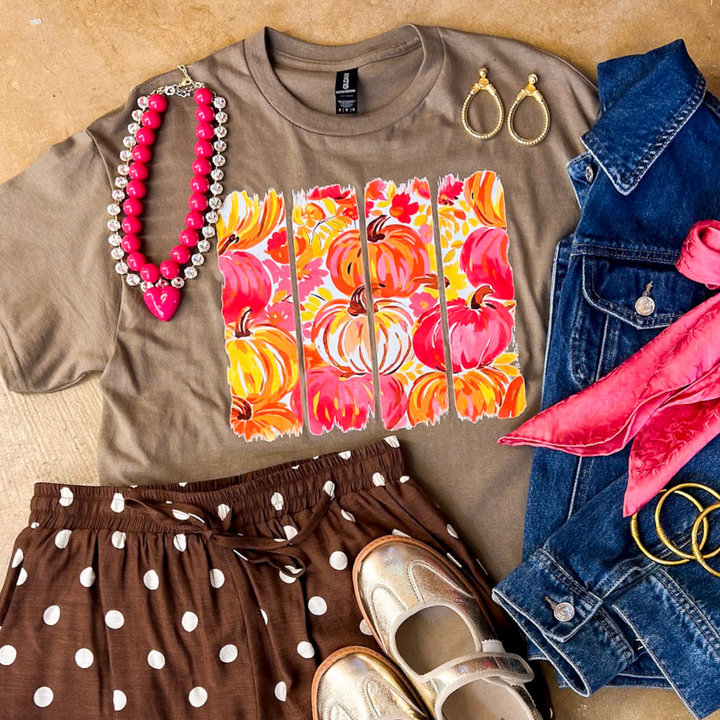 Art of the Season Painted Pumpkin and Floral Watercolor Stripes Fall Graphic Tee in Brown