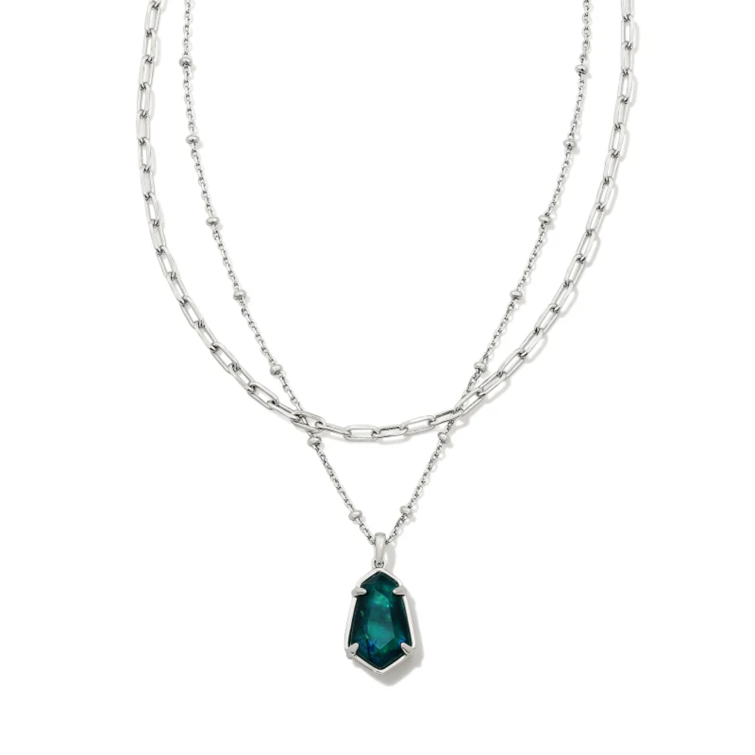This Multi Strand Alexandria Necklace in Silver Teal Green Illusion by kendra Scott is pictured with a white background.