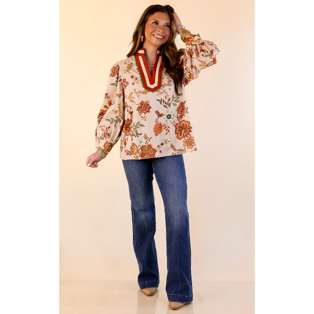 Autumn Allure Floral Long Sleeve Top with Contrast Trim in Rust Orange