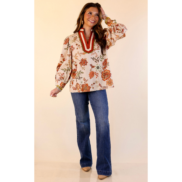 Autumn Allure Floral Long Sleeve Top with Contrast Trim in Rust Orange