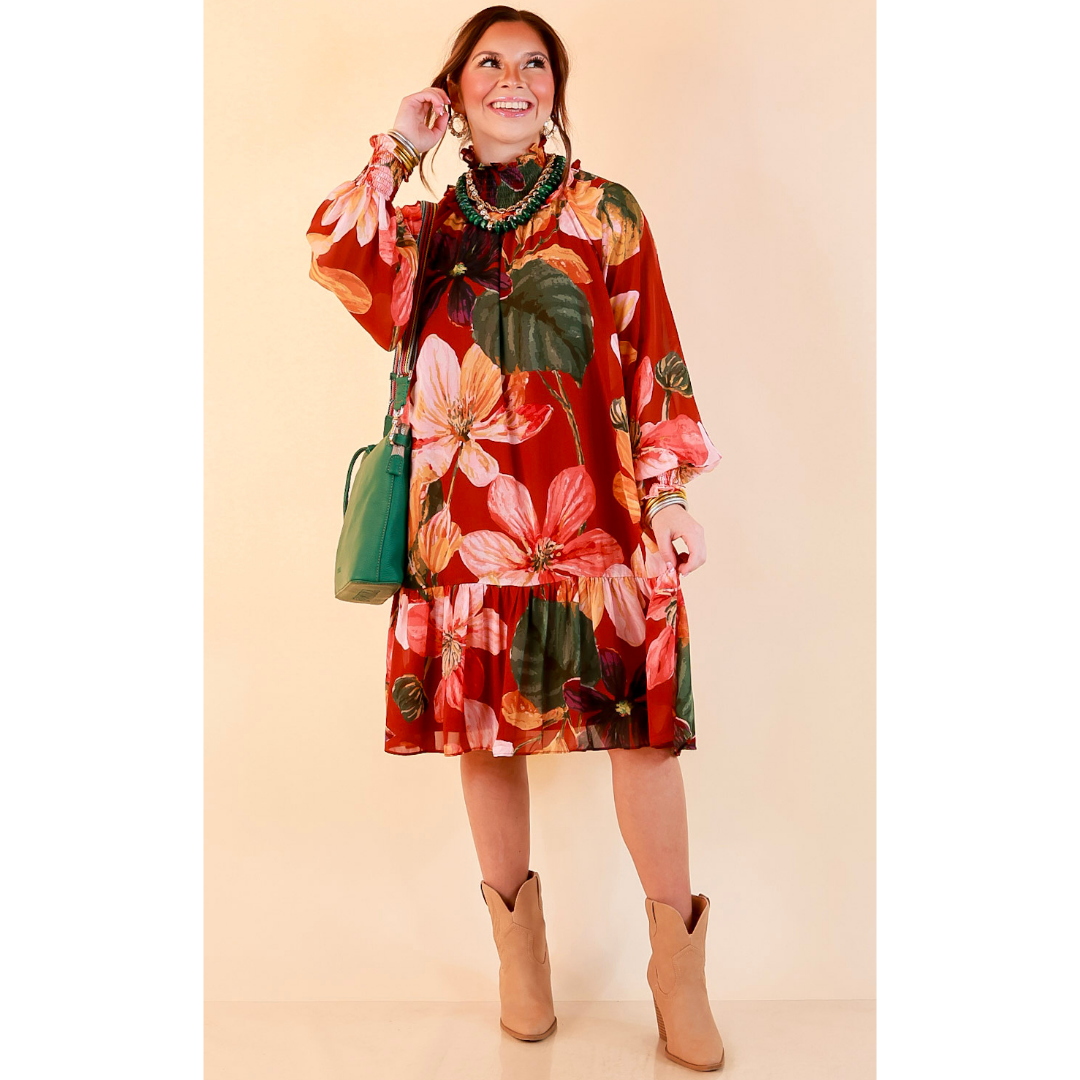 Autumn Romance Ruffle Neck Long Sleeve Floral Peplum Dress in Rust Red Multi