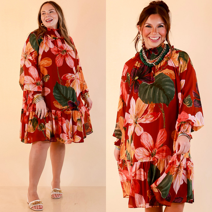 Autumn Romance Ruffle Neck Long Sleeve Floral Peplum Dress in Rust Red Multi