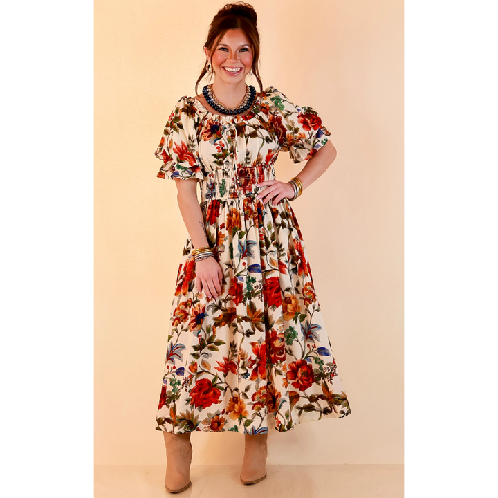 Autumn in the Air Puff Sleeve Smocked Waist Floral Print Tiered Midi Dress in Ivory Multi