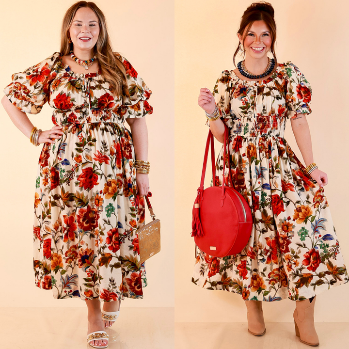 Autumn in the Air Puff Sleeve Smocked Waist Floral Print Tiered Midi Dress in Ivory Multi