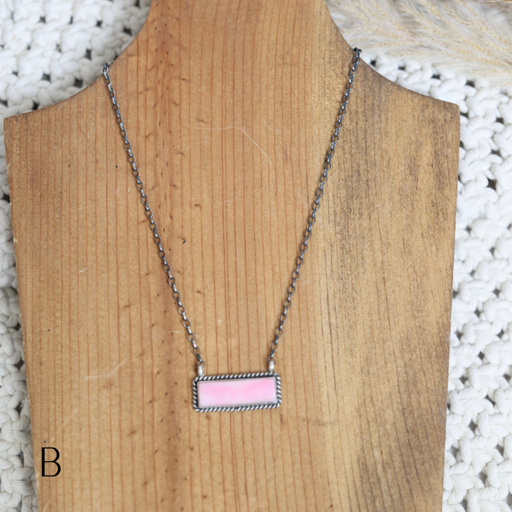 Johnny Dixon | Navajo Handmade Sterling Silver Chain Necklace Light Pink Conch Bar Pendant