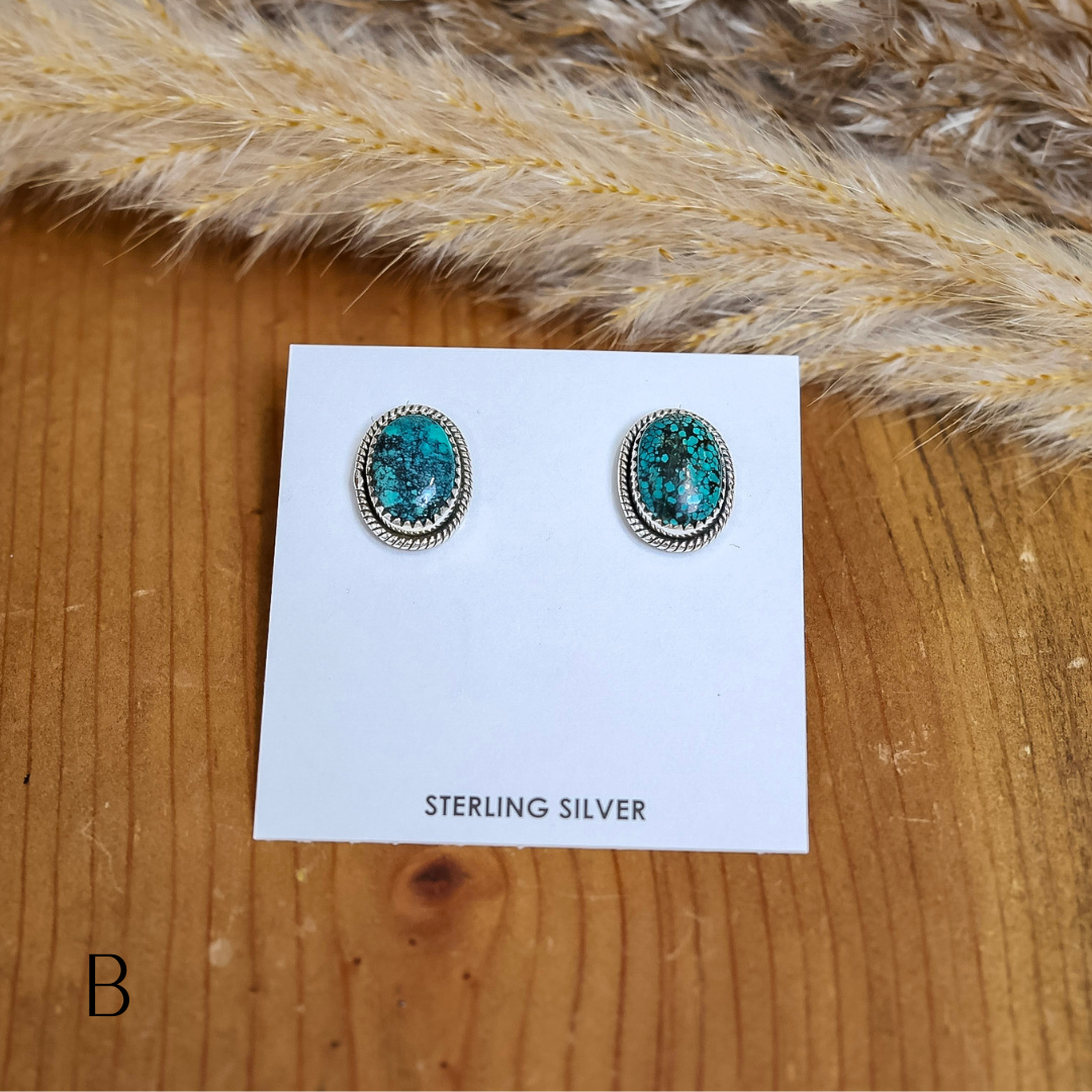 Navajo | Navajo Handmade Sterling Silver Oval Stud Earrings in Turquoise