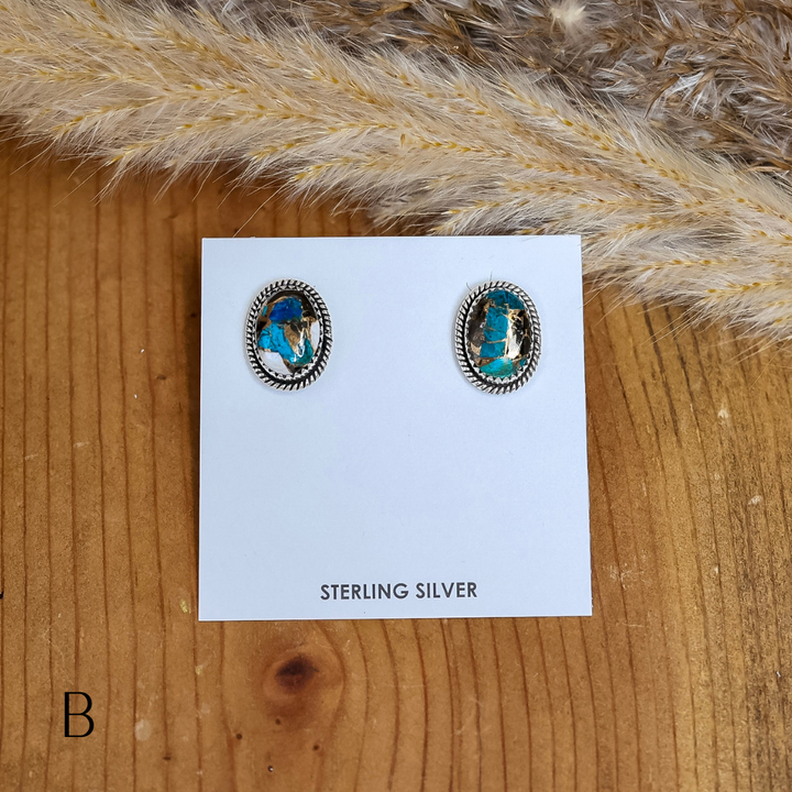 Navajo | Navajo Handmade Sterling Silver Oval Stud Earrings in Turquoise Mix