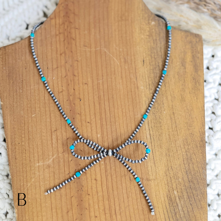 Navajo | Navajo Handmade Sterling Silver Turquoise Pearl Bow Necklace
