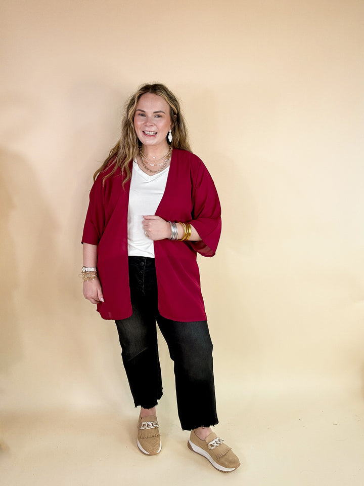 Like a Melody Solid Sheer Kimono in Maroon