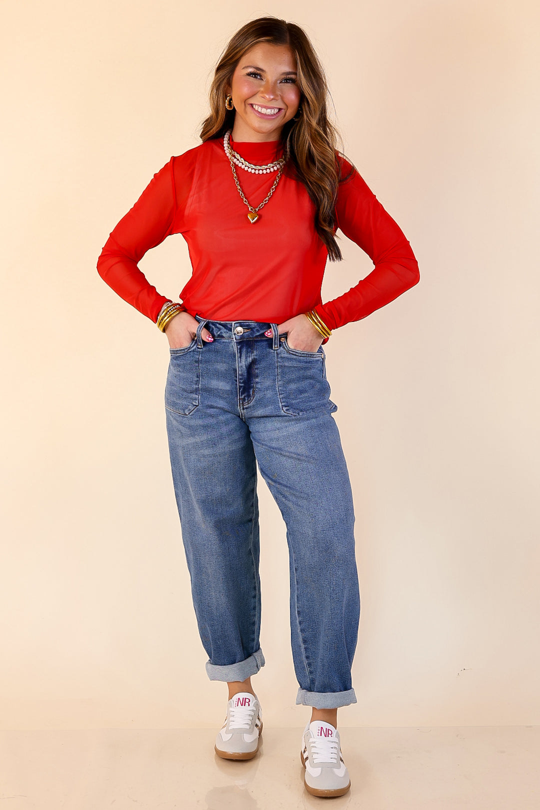 Sheer Confidence Solid Mesh Long Sleeve Top in Red