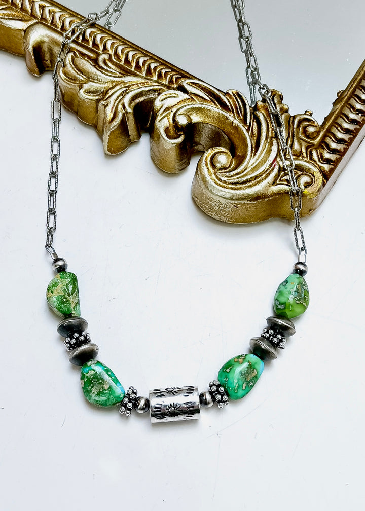 Navajo | Sonoran Gold Turquoise &amp; Sterling Silver Barrel Bead Necklace