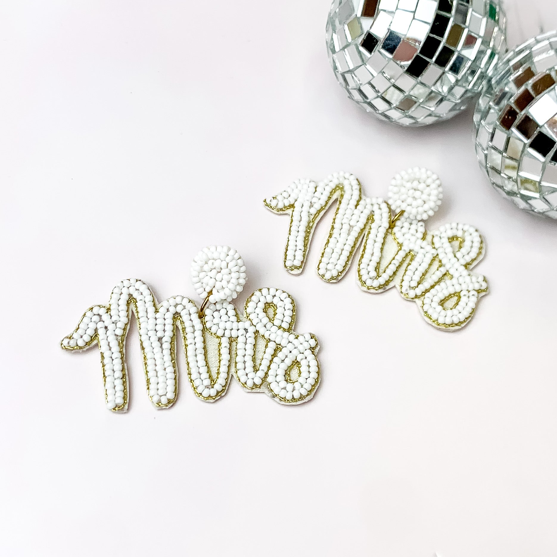 Wifey Status Beaded "Mrs" Earrings in White - Giddy Up Glamour Boutique