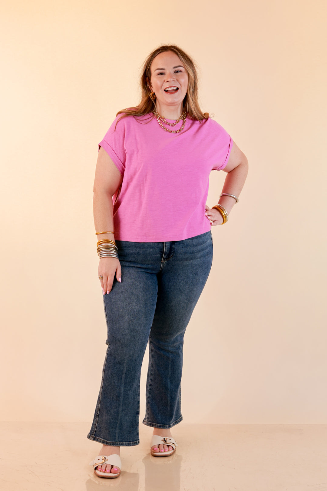 Laidback Luxe Rolled Drop Sleeve Relaxed Fit Basic Short Sleeve Top in Mauve Purple