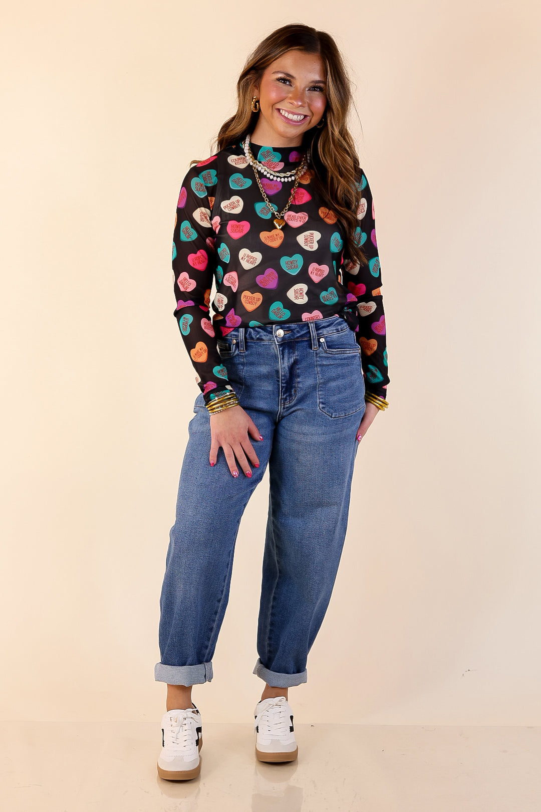 Sheer Confidence Western Theme Conversation Heart Print Mesh Long Sleeve Top in Black